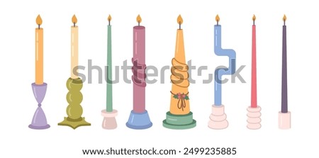 Variety of wax or paraffin candles on candlesticks. Vector isolated set of home decoration and accessories. Romantic or atmospheric design for apartment or dwelling. Handmade craft item