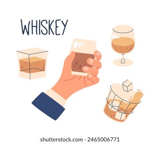 Variety Of Whiskey Glasses With A One Glass Held In Hand Isolated On White Background. Cartoon Vector Illustration