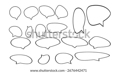 A variety of white and black outlined speech bubbles of varying shapes and sizes arranged on a white background create a clean and versatile design element for any conversation based project