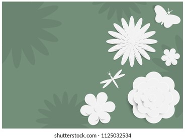 Variety of white flowers and butterfly with dragonfly in papers cut style on green flowers pattern and space for texts background .