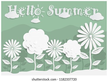 Variety of white flowers grow up and small clouds with "Hello Summer" letters in papers cut style on silhouette mountain and light green background. All in vector design.