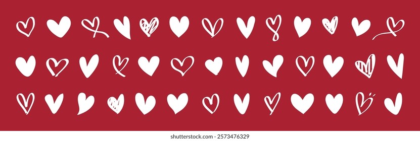 A variety of white heart shapes on a red background. Heart patterns include scribbles, outlines, and solid designs. Hearts create a romantic, love-themed visual. Valentine's element vector set.