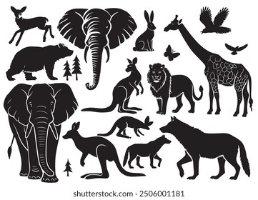 A variety of wild animal silhouettes featuring different species each on a separate layer can be removed or replaced. Isolated on white background.
