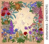 Variety of Wildflowers with butterflies - design for a silk scarf or women