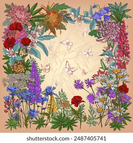 Variety of Wildflowers with butterflies - design for a silk scarf or women's scarf