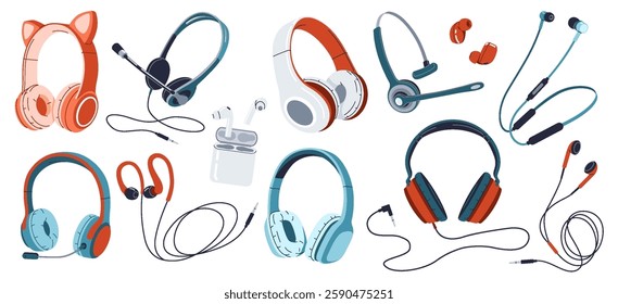 Variety of wireless and wired headphones flat color vector icon set. Assortment of music accessories objects pack on white background