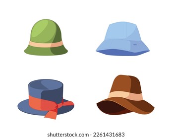 Variety Of Women Hats In Different Colors And Styles, Graphics Collection Of Hats For Various Purposes And Fashion Styles. Retro Top Hat with Ribbon, Panama And Fedora. Cartoon Vector Illustration