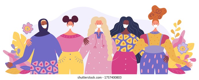 A variety of women in protective masks stand together and hold hands. Concept, element for feminism, women's card, poster, banner, wallpaper, packaging, background. Vector illustration.