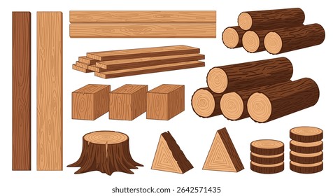 Variedade de objetos de madeira com placas de madeira Stump e formas peças de pilha