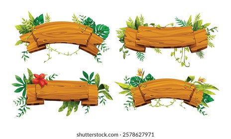 Variety of wooden banners with plants and tropical plants, perfect for nature themed decorations. Vector cartoon illustration