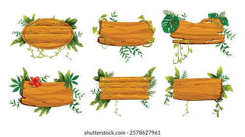 Variety of wooden boards with vines and tropical plants. Vector cartoon illustration