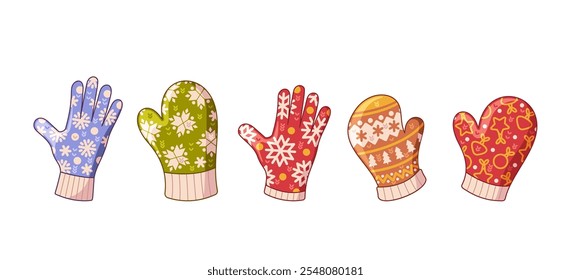 Variety of woolen mittens and gloves with cute traditional Christmas design for winter weather