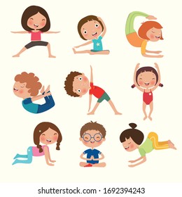 Variety of yoga kids, yoga poses for children in flat style, Gymnastics and healthy, vector, illustration