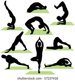 Variety of Yoga Poses Silhouettes. These illustrations are in layer and are easy to edit color. Great for website or design projects.