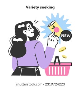 Variety-seeking consumer behavior. Non-repeating purchase. Mind psychology, switching among products or services. Marketing strategy building, commerce campaign. Flat Vector Illustration