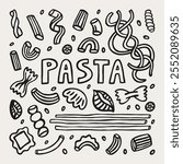 Varios doodle italian pasta types. Hand drawn vector graphic elements. Macaroni, farfalle, penne, fusilli, stelline, ruote, ditalini. Traditional Italian food.