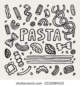 Varios tipos de pasta italiana doodle. Elementos gráficos de Vector dibujados a mano. Macarrones, farfalle, penne, fusilli, stelline, rute, ditalini. Comida tradicional italiana.