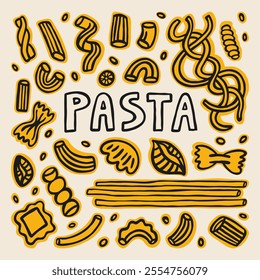 Varios doodle Italian pasta types. Hand-drawn colorful vector graphic elements. Macaroni, farfalle, penne, fusilli, stelline, ruote, ditalini. Traditional Italian food.