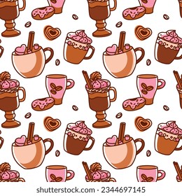 Varios tipos de coffee with whipped cream y desserts. Seamless pattern. Vector