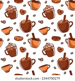 Varios tipos de coffee with whipped cream y desserts. Seamless pattern. Vector