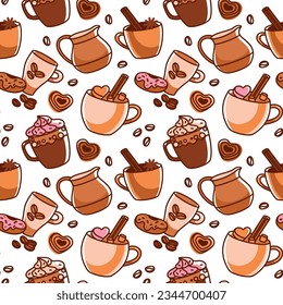 Varios tipos de coffee with whipped cream y desserts. Seamless pattern. Vector