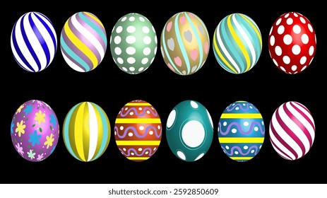 variour colorfully decorated Easter Egg vector with 12 different design pattern print on the body. These Easter Egg vectors would be the perfect addition to your Easter designs.