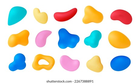 Various 3d abstract modern shapes. Isolated liquid forms, plasticine render imitation. Decorative color design, vector graphic art elements
