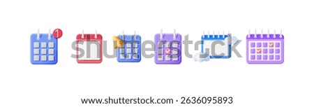 Various 3d calendar icon illustrations. Set of colorful calendars with different signs. Online schedule planning and event reminder concept.