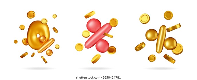 Vários símbolos de porcentagem 3d e zeros flutuando com elementos de moeda dourada. Conceito de venda com desconto ou oferta especial para marketing.