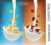 Various 3d realistic chocolate splashes of corn flakes or cereals in milk or yogurt in plate