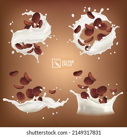 Various 3d realistic chocolate splashes of corn flakes or cereals in milk or yogurt