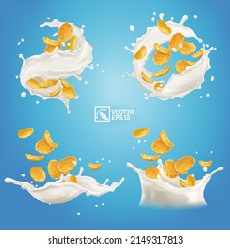 Various 3d realistic splashes of corn flakes or cereals in milk or yogurt