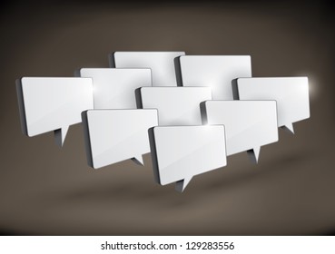 Various 3D rectangular speech bubbles arranged in a group.
