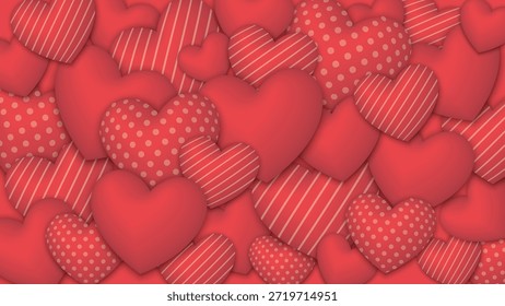 Various 3d red hearts overlap background graphic illustration. Happy Valentine's day greeting card horizontal template.