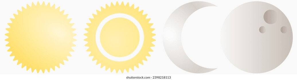 Diversos sol y luna 3d, icono aislado de la media luna. Rentabilidad realista de estrella y planeta, luna gris llena y soleado amarillo. Elementos celestes vectoriales