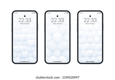 Various 3D Vector Geometric Light Wallpapers Set On Photo Realistic Mobile Phone Screen Isolated On White Background. Abstract 3D Rendered Technology Structure Different Screensaver For Cellphone