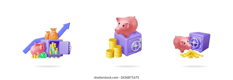 Various 3d vector illustrations of piggy bank, safe, money, and arrow representing finance and investment concept for business use.