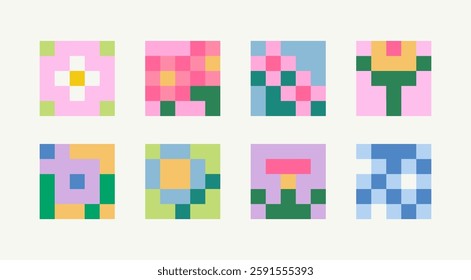 Various 8bit Flowers. Square floral icons. Pixel Art, retro video game, embroidery style. Hand drawn modern Vector illustration. Embroidered cross stitch, Vintage 90s gaming concept. Isolated elements
