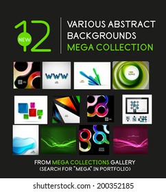 Various abstract backgrounds - waves, square and circle geometric shapes, swirls, glowing lines