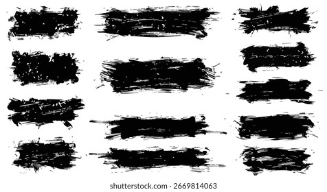 Vários traçados abstratos de tinta preta e pincel com bordas ásperas e texturas grunge para elementos de design.