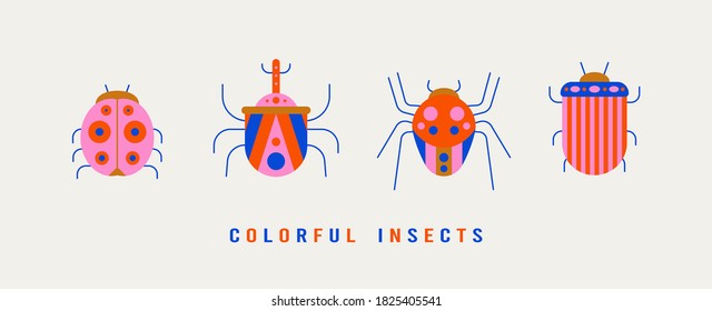 Various abstract Bugs. Different insects. Minimalistic scandinavian colorful Icons. Simple flat geometric design. Trendy bright Vector illustrations for kids. All elements are isolated