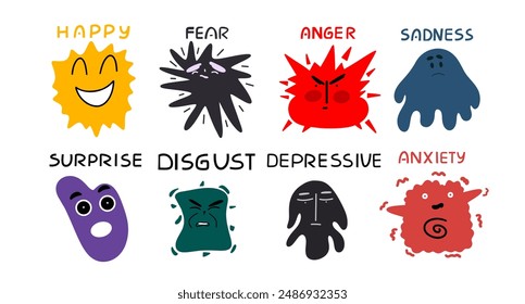 Various abstract expressions of feelings. Positive and negative emotions. Collection funny characters. Vector illustration. 