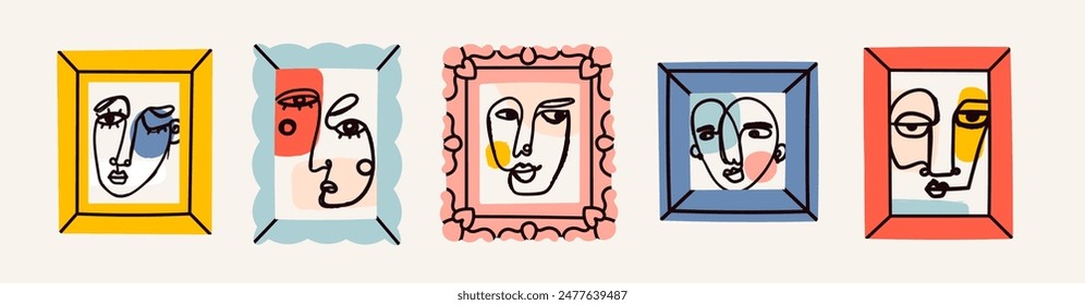 Various abstract Faces in frames. Ink painting style. Contemporary hand drawn modern Vector illustration. Continuous line, minimalistic elegant concept. Isolated design elements