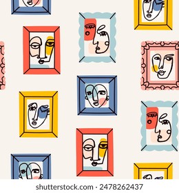 Various abstract Faces in frames. Ink painting style. Contemporary hand drawn modern Vector illustration. Continuous line, minimalistic elegant concept. Square seamless Pattern