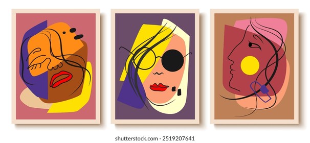 Various abstract faces within the framework.  Modern vector illustration, hand-drawn. Continuous line, minimalistic elegant concept. Individual design elements