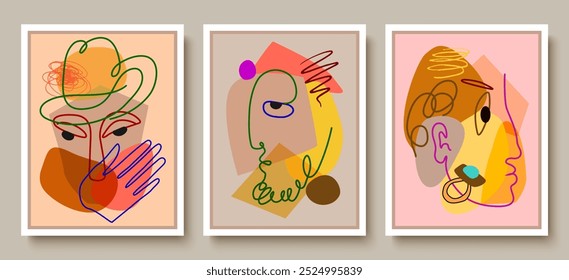 Various abstract faces within the framework.  Modern vector illustration, hand-drawn. Continuous line, minimalistic elegant concept. Individual design elements