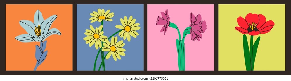 Various abstract flowers. Daffodils, poppy, lily, camomile. Side view. Hand drawn modern Vector set. Colorful trendy illustration. Floral design templates. All elements are isolated. Square icons