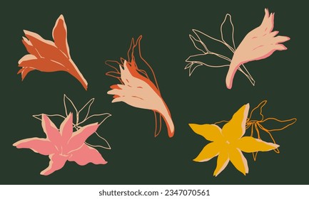 Various abstract Flowers. Hand drawn Floral silhouette collection. Botanical blossom elements. Trendy Vector illustration. Vintage blossom design for fabric, decoration, print, wallpaper, icon.