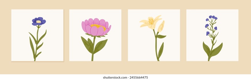 Various abstract flowers. Lily, violet, forget-me-not. Side view. Hand drawn modern Vector set. Bright trendy illustration. Floral design templates. All elements are isolated. Square icons