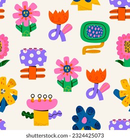 Various abstract Flowers. Set of colorful unique elements. Square seamless Pattern. Wallpaper, print template. Hand drawn trendy Vector illustration